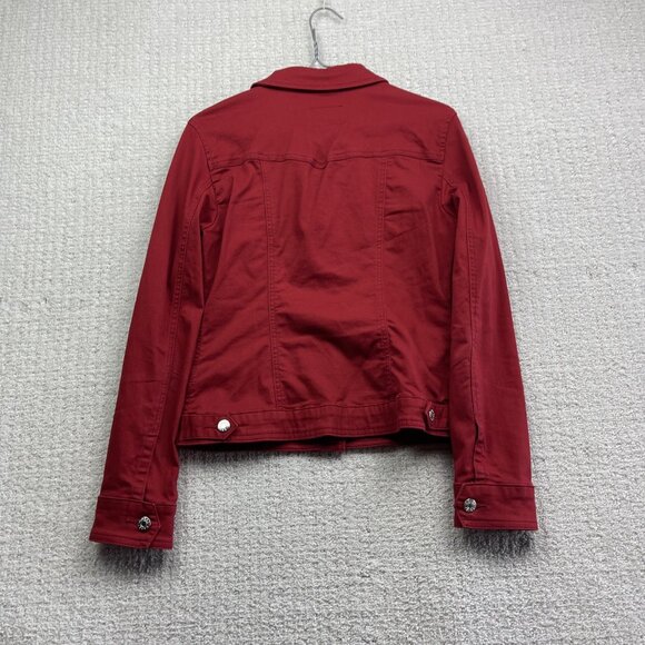 Y2K Guess Denim Jacket Wom M Cherry Red Button Up Jean Trucker Biker Retro - Picture 11 of 11